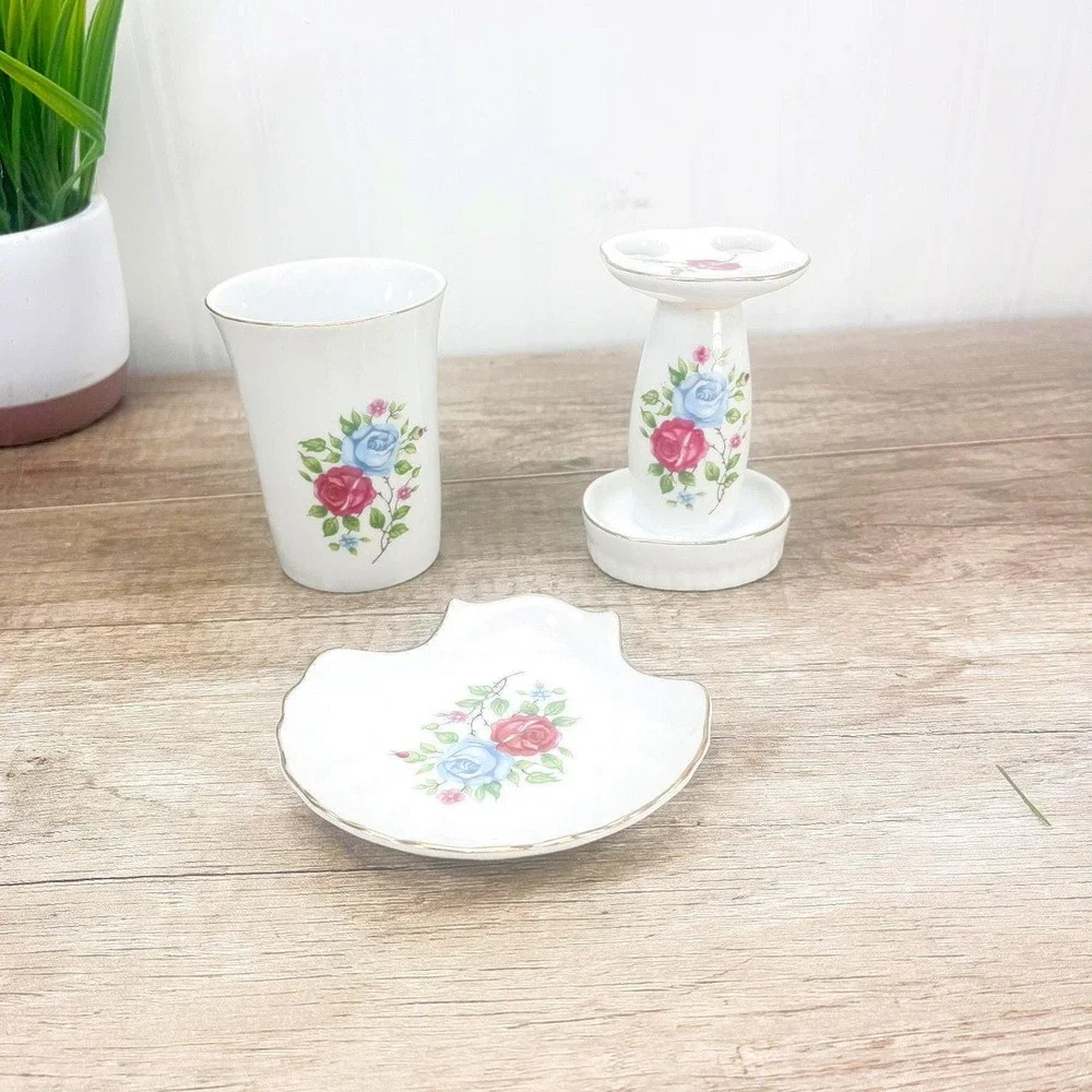 Vintage Floral Ceramic Bathroom Set: Pink Rose Soap Dish, Cup, & TB Holder